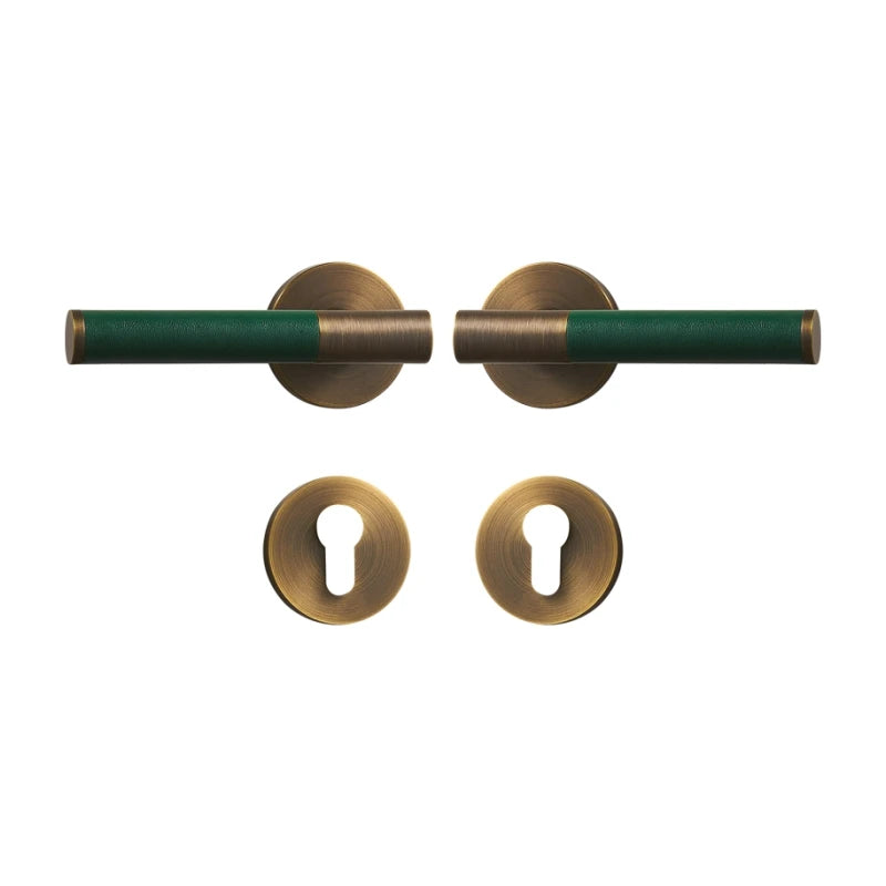 Poignée de porte laiton et cuir vert – sans serrure, italien