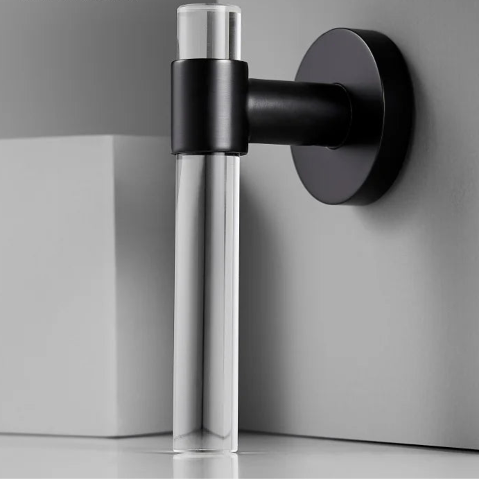 Poignée de porte acrylique transparent – rosace noir mat, serrure