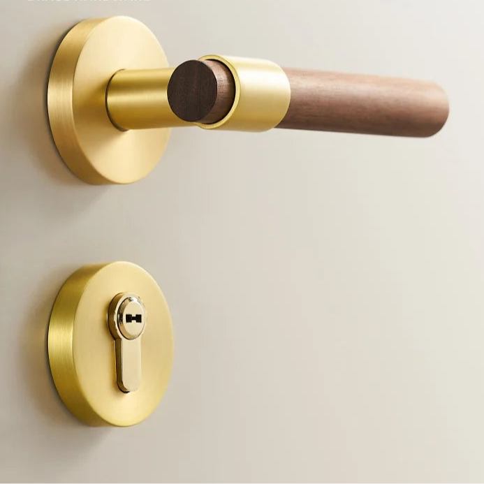 Poignée de porte bois et laiton massif doré – avec serrure
