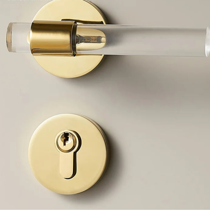 Poignée de porte acrylique transparent et laiton poli – serrure