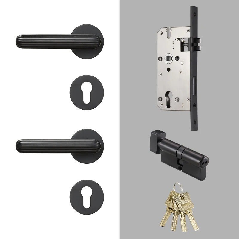 Poignée de porte noire sillons fins – avec serrure, laiton massif