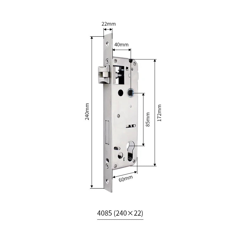 Serrure encastrable axe 45 mm – entraxe 85 mm, façade 240x22
