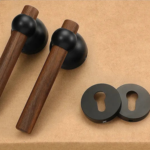 Poignée de porte bois brut et noir mat – béquille cylindrique