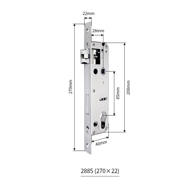 Serrure encastrable axe 28 mm – profil étroit, entraxe 85