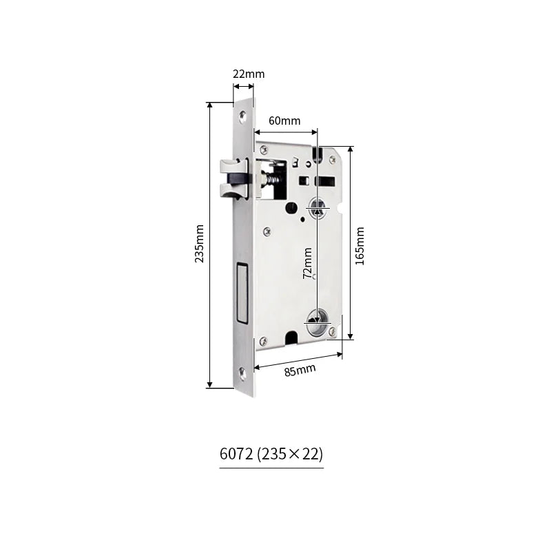 Serrure encastrable axe 60 mm – entraxe 72 mm, profil fin