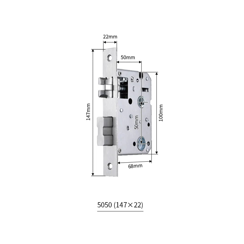 Serrure encastrable compacte axe 50 mm – façade 147x22, entraxe 68
