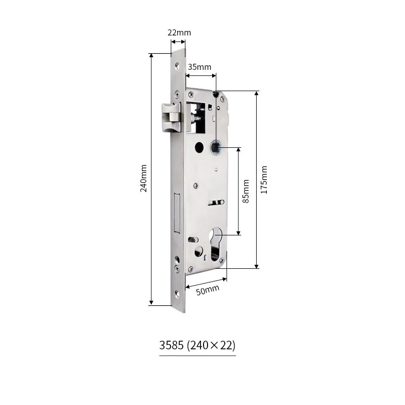 Serrure encastrable axe 35 mm – entraxe 85 mm, façade 240x22