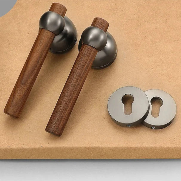 Poignée de porte bois brut et gris métal – béquille cylindrique