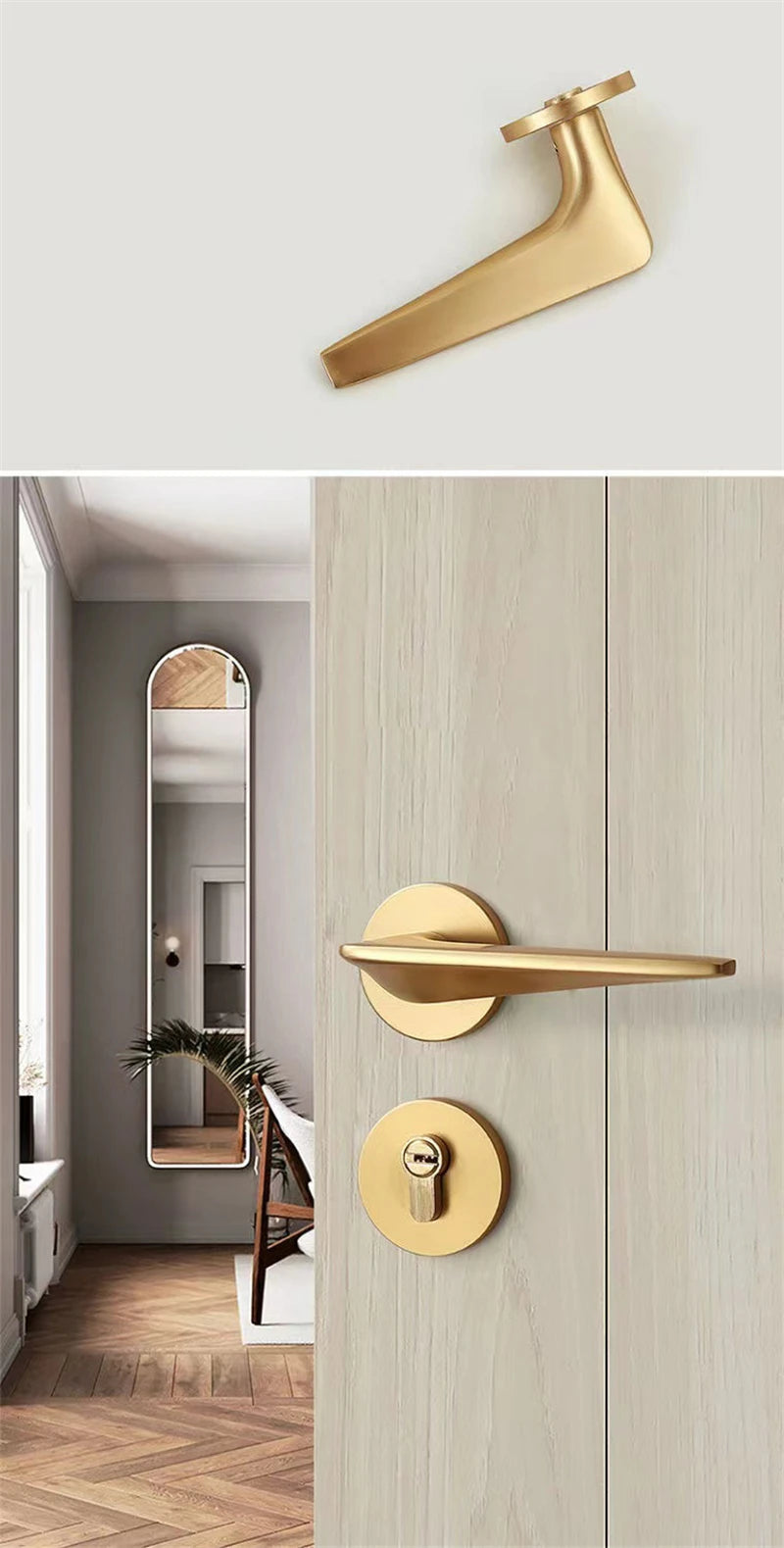 Poignée de porte dorée avec clé – aluminium poli, tout-en-un