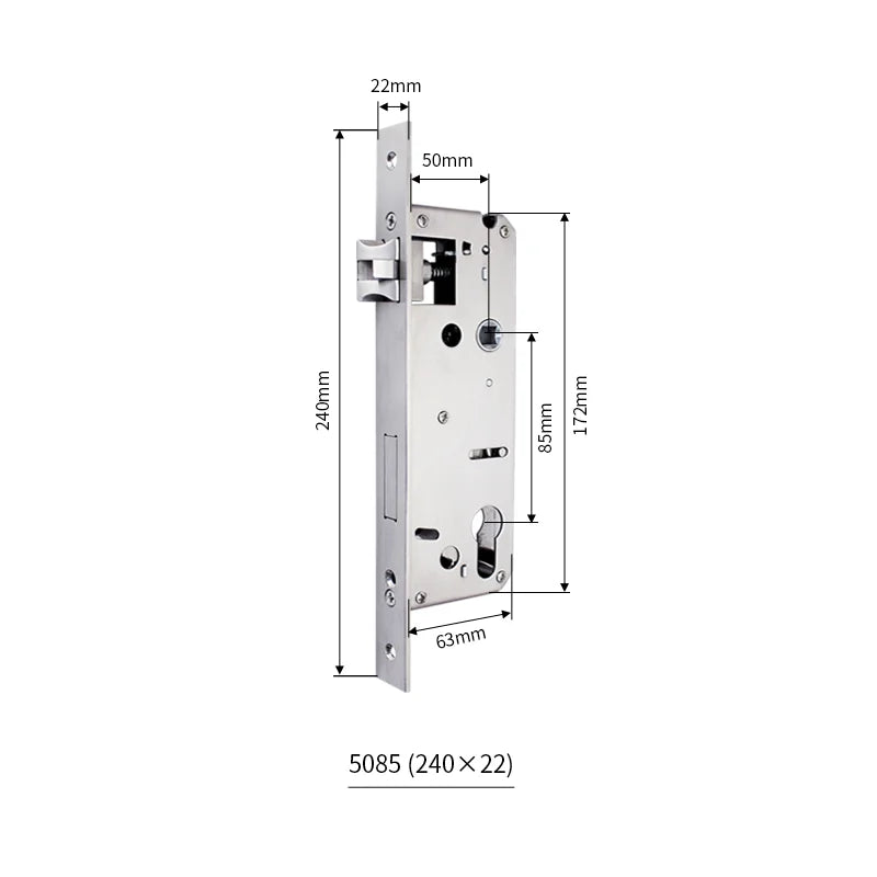 Serrure encastrable axe 50 mm – entraxe 85 mm, façade 240x22