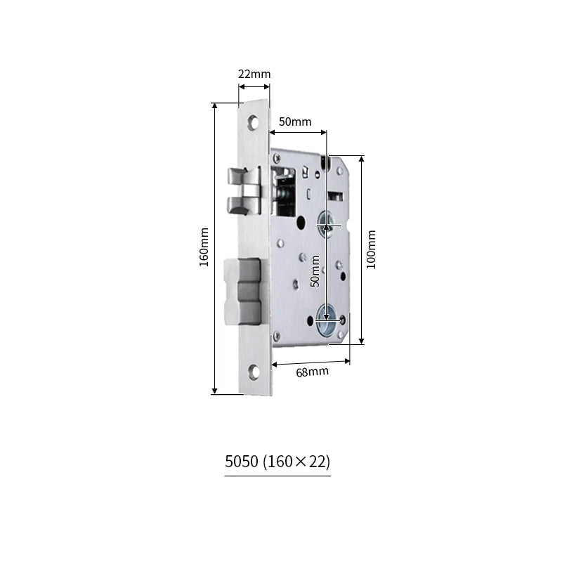 Serrure encastrable courte axe 50 mm – façade 160x22, entraxe 68