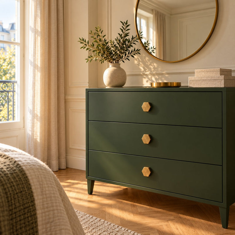 Coin de chambre avec une commode vert profond dont les tiroirs portent des boutons hexagonaux en laiton brossé