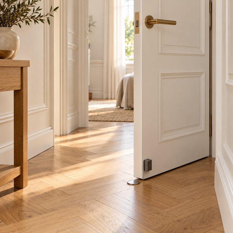Couloir lumineux avec une porte blanche ouverte, un petit boîtier aimanté gris au bas de la porte et un disque métallique sur le parquet clair