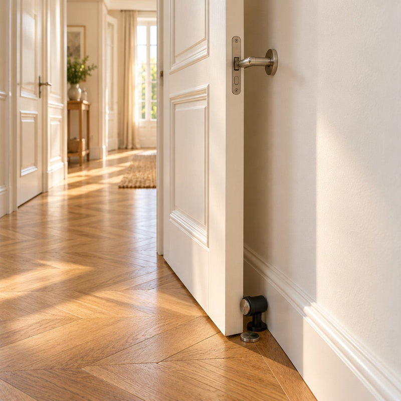 Couloir lumineux avec une porte blanche ouverte contre le mur, une butée au bas de la porte et une poignée en inox qui reste à distance du mur