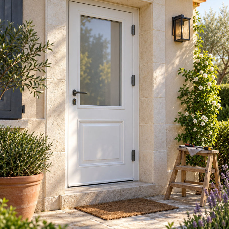 Porte d’entrée en PVC blanc avec ses trois paumelles grises, un seuil en pierre et quelques outils posés sur un chiffon