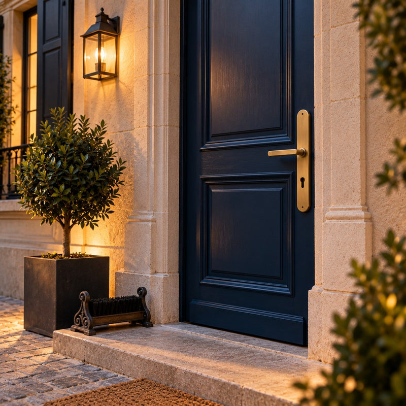 Porte d’entrée bleu marine d’une maison de ville avec une longue poignée en laiton sur plaque, une marche en pierre et un laurier en pot