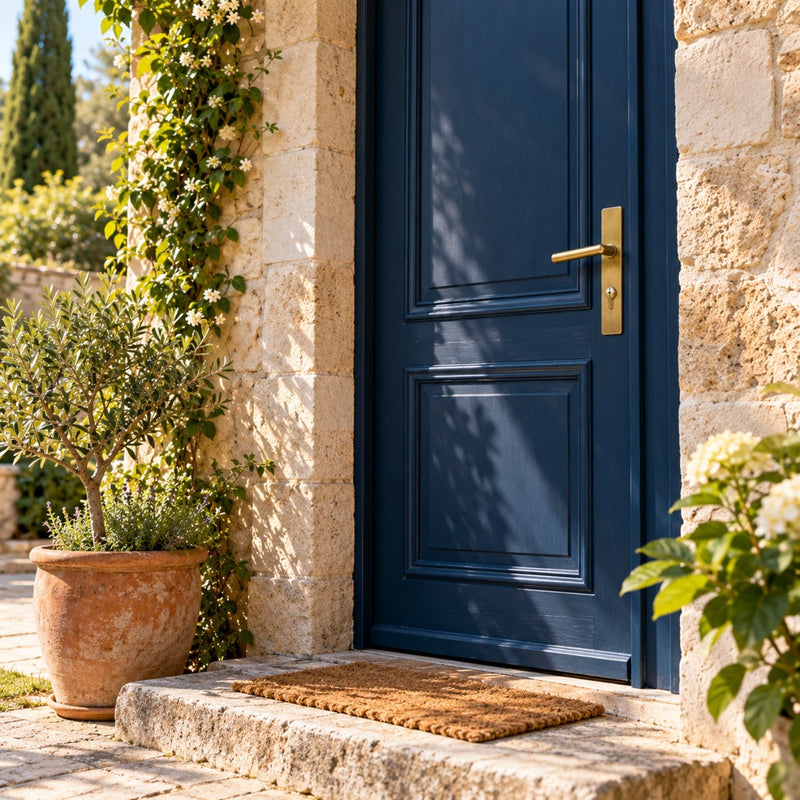 Porte d’entrée en bois bleu foncé avec une longue poignée en laiton sur plaque, devant un seuil en pierre
