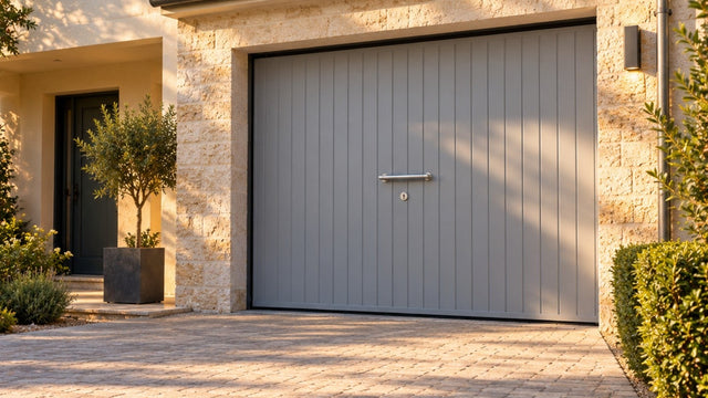 Maison française avec une porte de garage basculante grise fermée et une poignée métallique à mi-hauteur