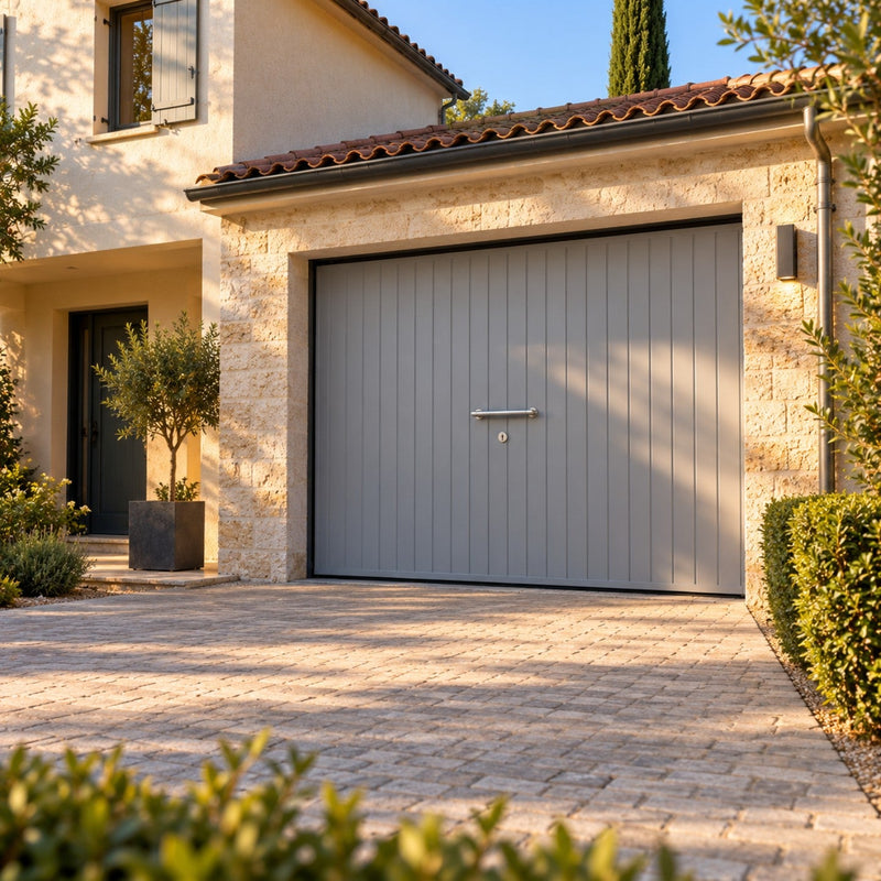 Maison française avec une porte de garage basculante grise fermée et une poignée métallique à mi-hauteur