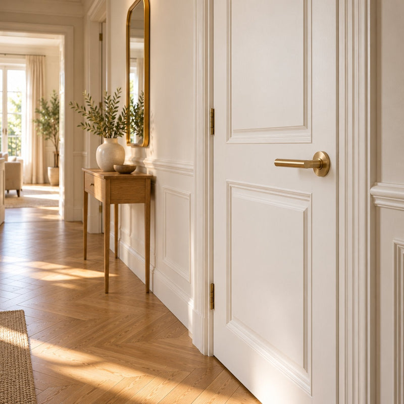 Couloir lumineux avec une porte blanche à panneaux et une poignée en laiton brossé parfaitement horizontale, à côté d’une console en chêne avec un vase
