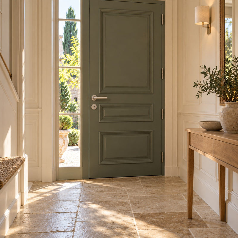 Entrée lumineuse avec une porte en bois équipée d’une poignée en inox brossé et d’un cylindre rond, près d’une console en chêne