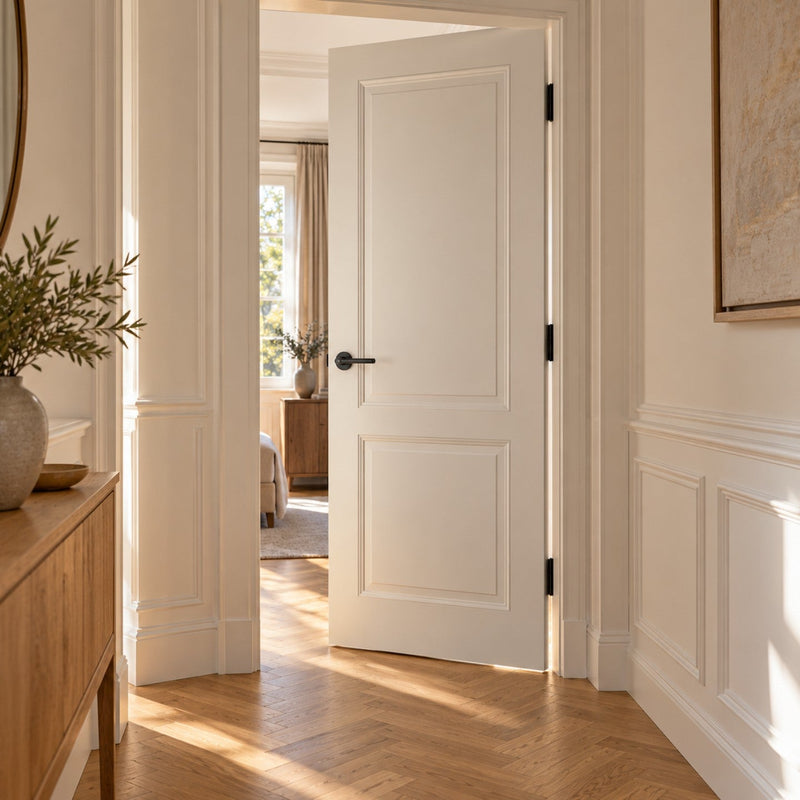 Couloir lumineux avec une porte blanche entrouverte dont les deux paumelles noires sont alignées avec le cadre