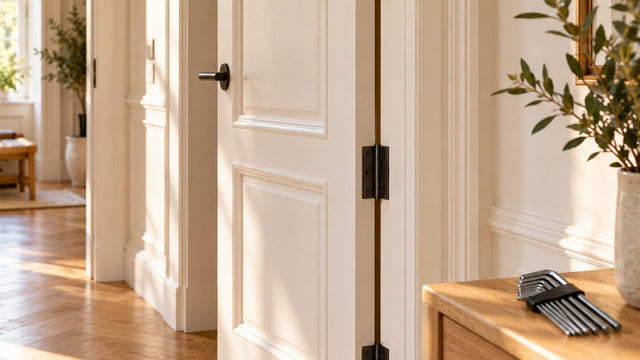 Couloir lumineux avec une porte intérieure blanche entrouverte, ses trois paumelles visibles et un jeu de clés six pans sur une console en bois