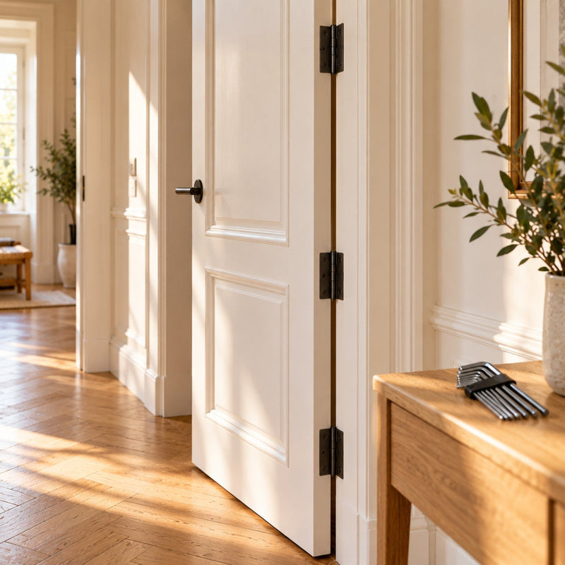 Couloir lumineux avec une porte intérieure blanche entrouverte, ses trois paumelles visibles et un jeu de clés six pans sur une console en bois