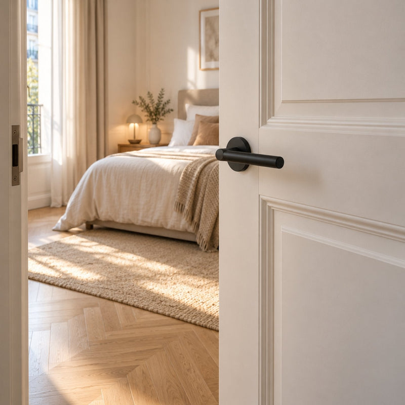 Porte de chambre blanche entrouverte avec une poignée à béquille noire mate, sur un parquet en chêne clair