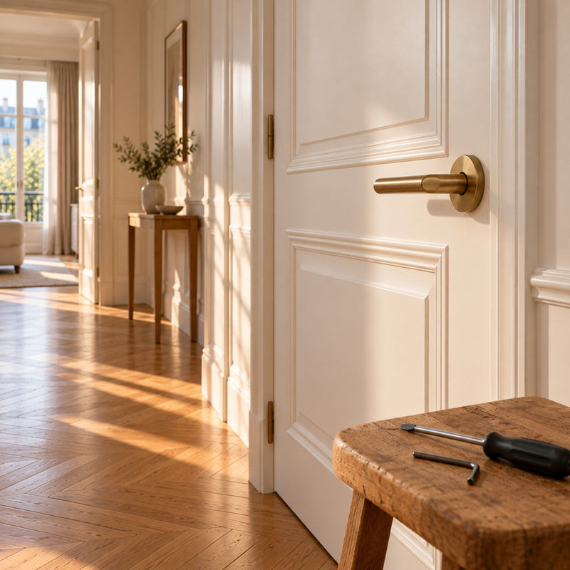 Poignée neuve en laiton brossé sur une porte blanche, avec un tournevis et une clé six pans posés sur un tabouret en bois
