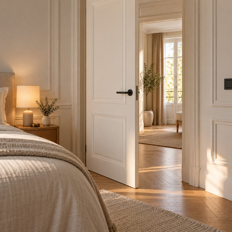Porte intérieure blanche avec poignée noire sur rosace dans une chambre lumineuse
