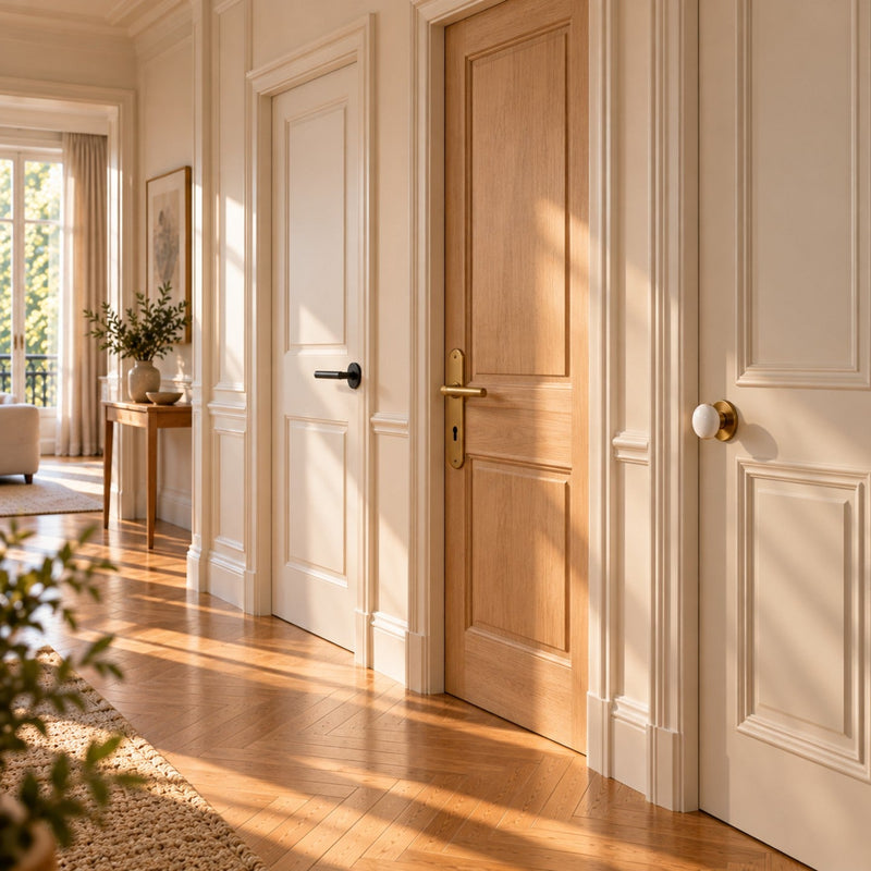Couloir avec trois portes et trois styles de poignées : noire sur rosace, laiton sur plaque, bouton en porcelaine