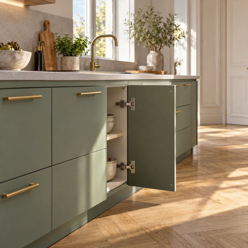 Cuisine vert sauge avec une porte de meuble bas entrouverte laissant voir une charnière clipsée sur le montant