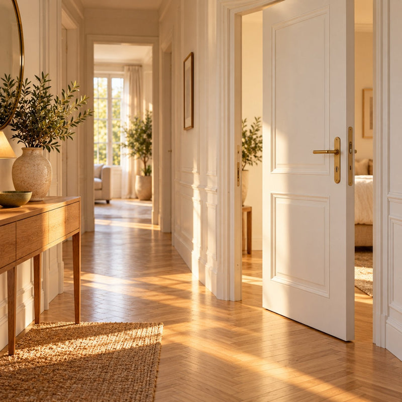 Couloir lumineux avec une porte intérieure blanche entrouverte, équipée d’une serrure en laiton, et une petite console en bois avec un vase