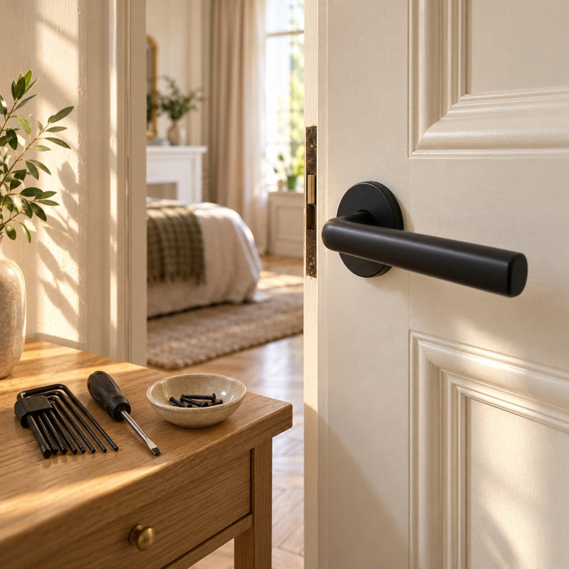 Porte de chambre blanche avec une béquille noire sur rosace ronde, et sur une table en chêne une clé six pans, un tournevis