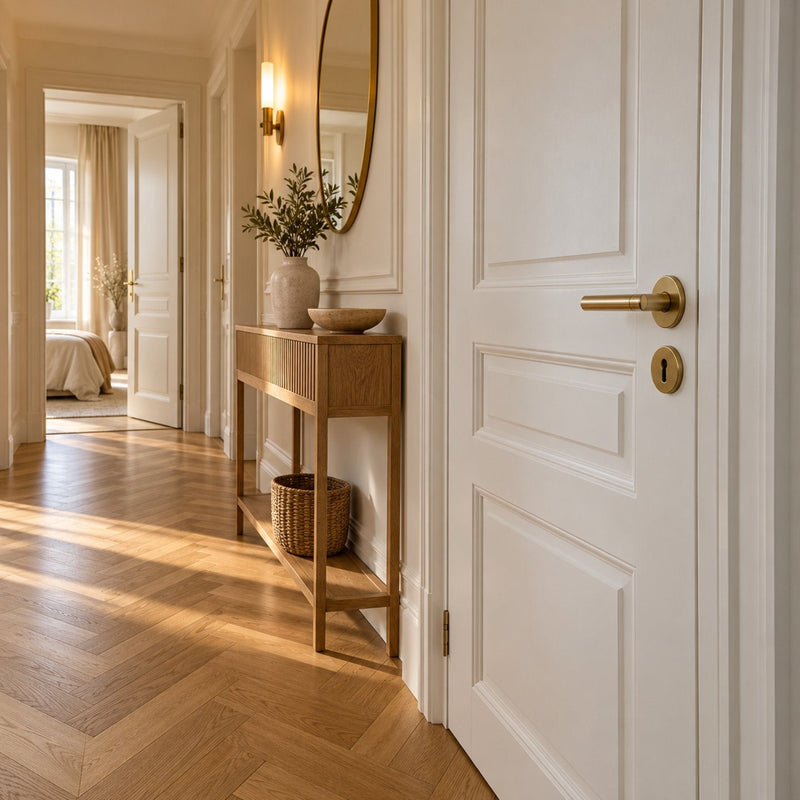 Couloir soigné avec une porte blanche équipée d’une poignée en laiton brossé et d’une rosace de clé, et une console avec une coupe en céramique