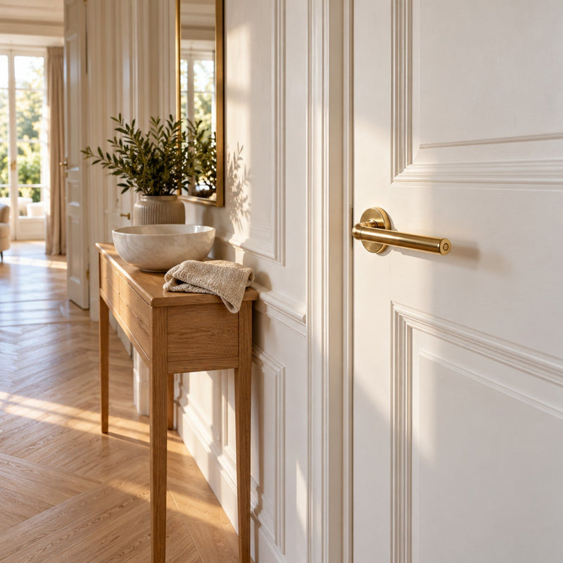 Couloir lumineux avec une porte blanche et une poignée en laiton brillant, une console en bois avec un chiffon doux plié