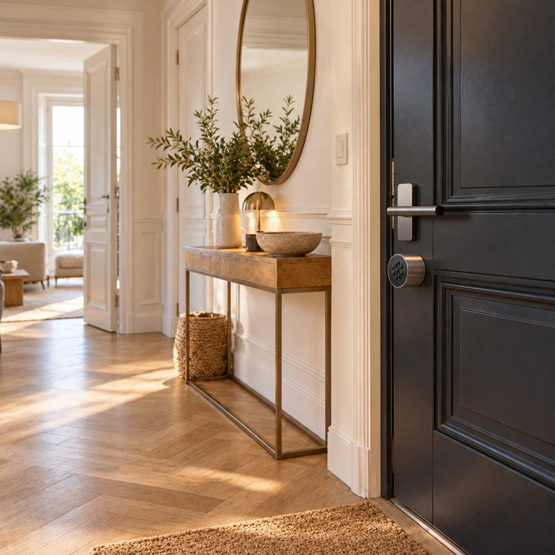 Entrée d'appartement avec une porte sombre équipée d'un cylindre électronique à clavier