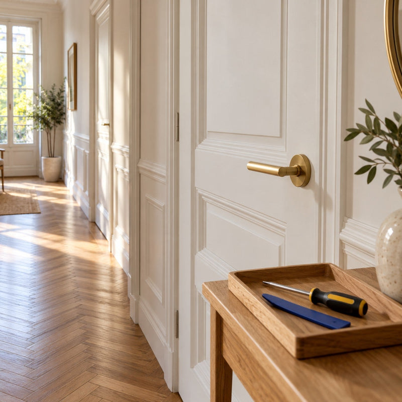 Couloir lumineux avec une porte blanche à poignée en laiton sur rosace ronde et un plateau d’outils sur une console