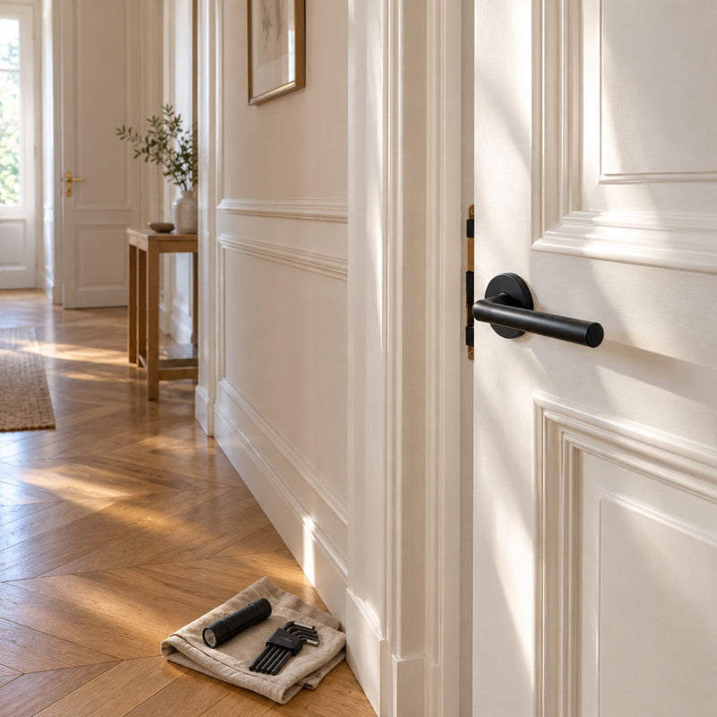 Porte blanche avec une béquille noire sur rosace ronde, une lampe de poche et un jeu de clés six pans posés sur un chiffon