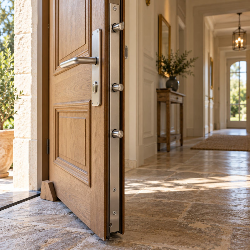 Tranche d'une porte d'entrée ouverte avec sa façade en acier et trois pênes sortis, la porte calée par une cale en bois
