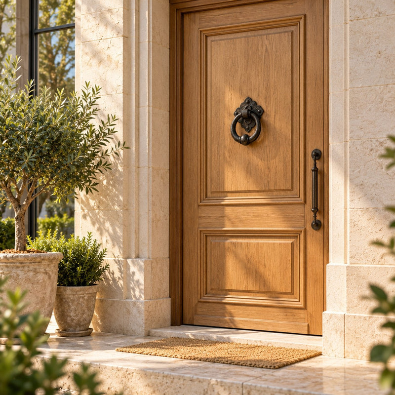Porte d’entrée contemporaine en chêne clair équipée d’un heurtoir à anneau en métal sombre