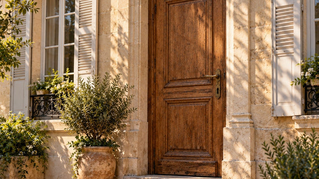 Entrée d'une maison de ville en pierre avec une grande porte ancienne en chêne massif à panneaux moulurés et une poignée en laiton foncé