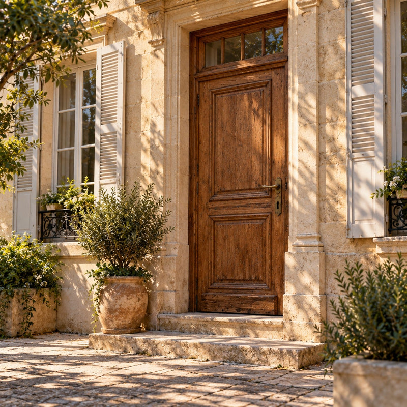 Entrée d'une maison de ville en pierre avec une grande porte ancienne en chêne massif à panneaux moulurés et une poignée en laiton foncé