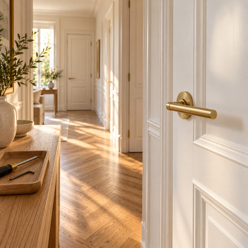 Couloir lumineux avec une porte blanche équipée d’une poignée en laiton neuve et un plateau d’outils sur une console