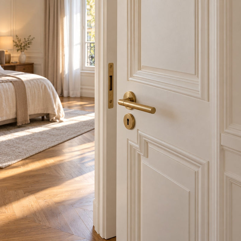 Porte de chambre blanche à panneaux avec une béquille en laiton, une entrée de clé assortie et la gâche visible sur le cadre