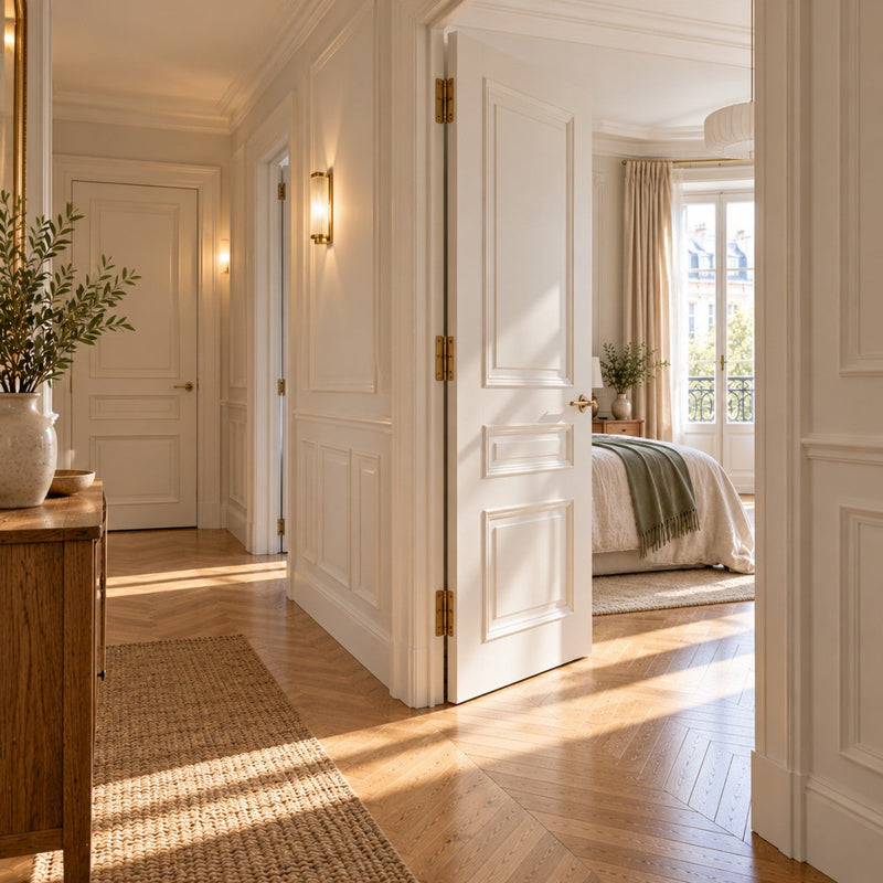 Couloir lumineux avec une porte intérieure blanche entrouverte dont les charnières en laiton se voient sur le chant