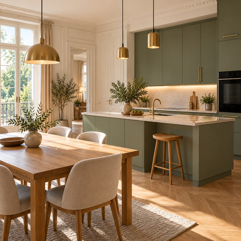 Cuisine moderne lumineuse aux façades vert sauge équipées de fines poignées en laiton brossé et plan de travail en pierre