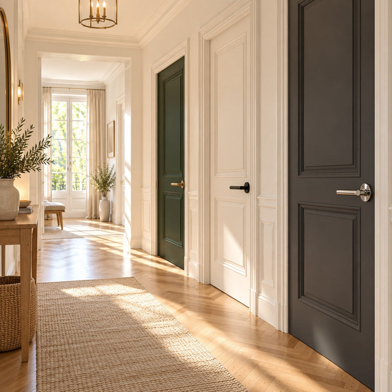 Couloir lumineux avec trois portes de couleurs différentes, équipées de poignées en laiton brossé, noir mat et chrome