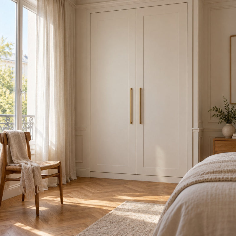 Chambre apaisante avec un placard blanc à deux portes dont les poignées en laiton brossé sont posées en miroir